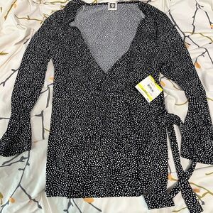 Anne Klein Women's Dot Faux Wrap Side Tie Blouse Size Medium Black